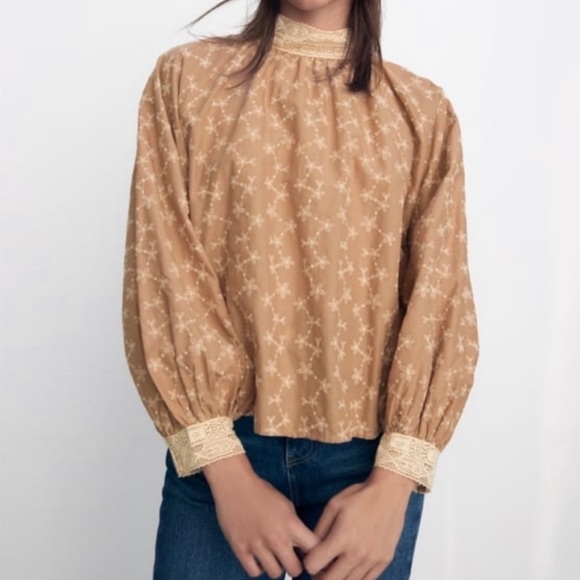NEW Zara Beige Peasant Blouse with Balloon Sleeve Embroidered High Neck Blouse - Picture 3 of 8